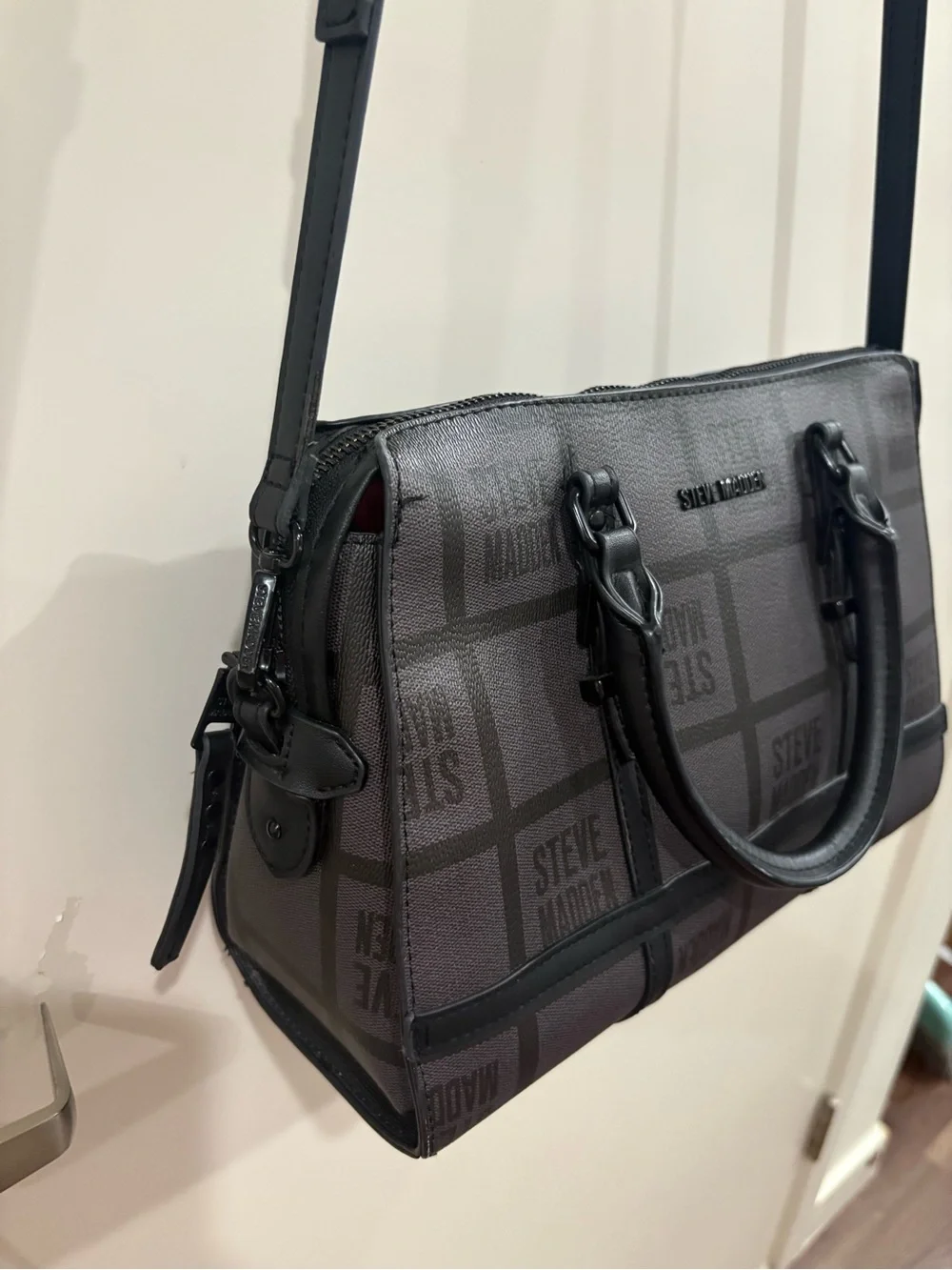 Steve Madden Black and Gray Logo Grid Satchel